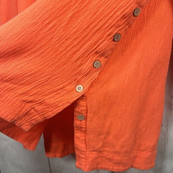 Soft Surroundings Gauze Artisan Roll Tab Sleeve Orange Boho Button Detail Blouse - Picture 9 of 16